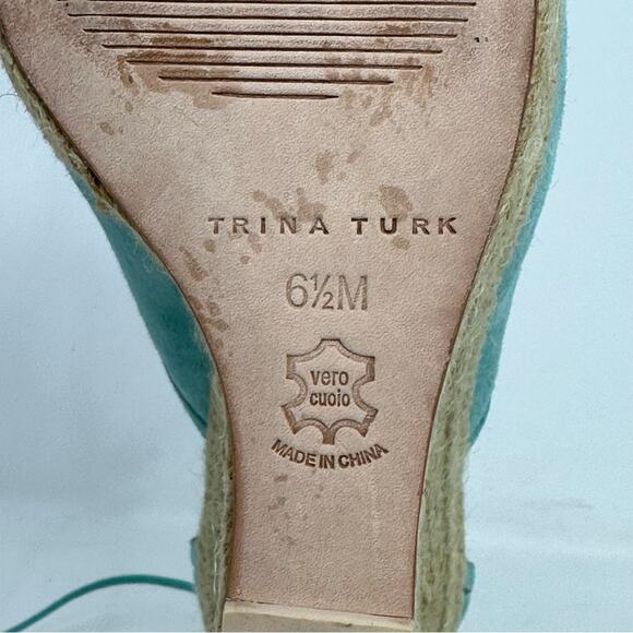 Trina Turk Sueded Leather Lace up Ankle Wrap Wedge Sandals - AQUAMARINE - Picture 12 of 13